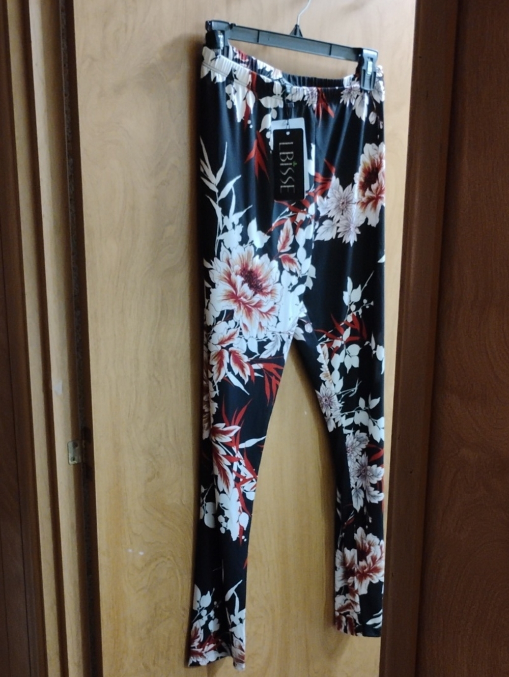 Black Floral Stretch Leggings with Red & White Blooms